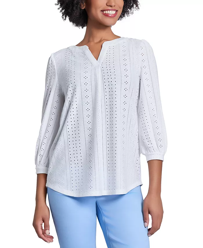 

Женская блузка с вышивкой и кружевными вставками Petite, рукав 3/4 Jones New York, белый