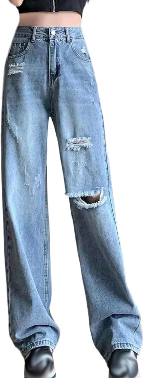 

Женские рваные джинсы High Rise Straight Leg Baggy с карманами