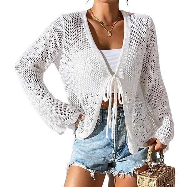 

Женский кардиган с длинным рукавом, V-образным вырезом и завязкой спереди Clearflower, White