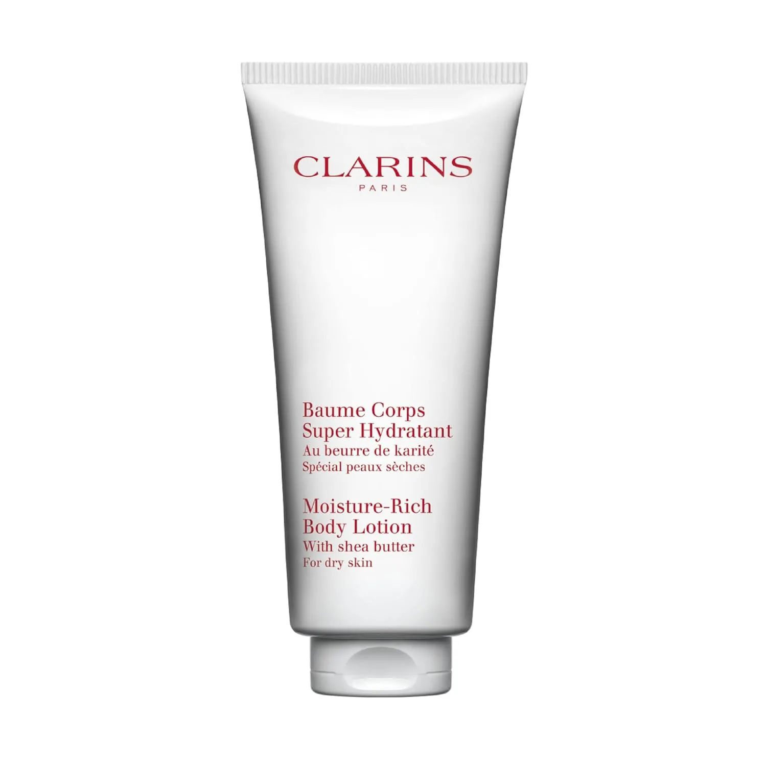 Clarins Moisture-Rich Body Lotion, интенсивно увлажняет, питает, смягчает и разглаживает, нежирная и быстро впитывается, 88% натуральных ингредиентов, крем для тела с маслом ши, для сухой кожи