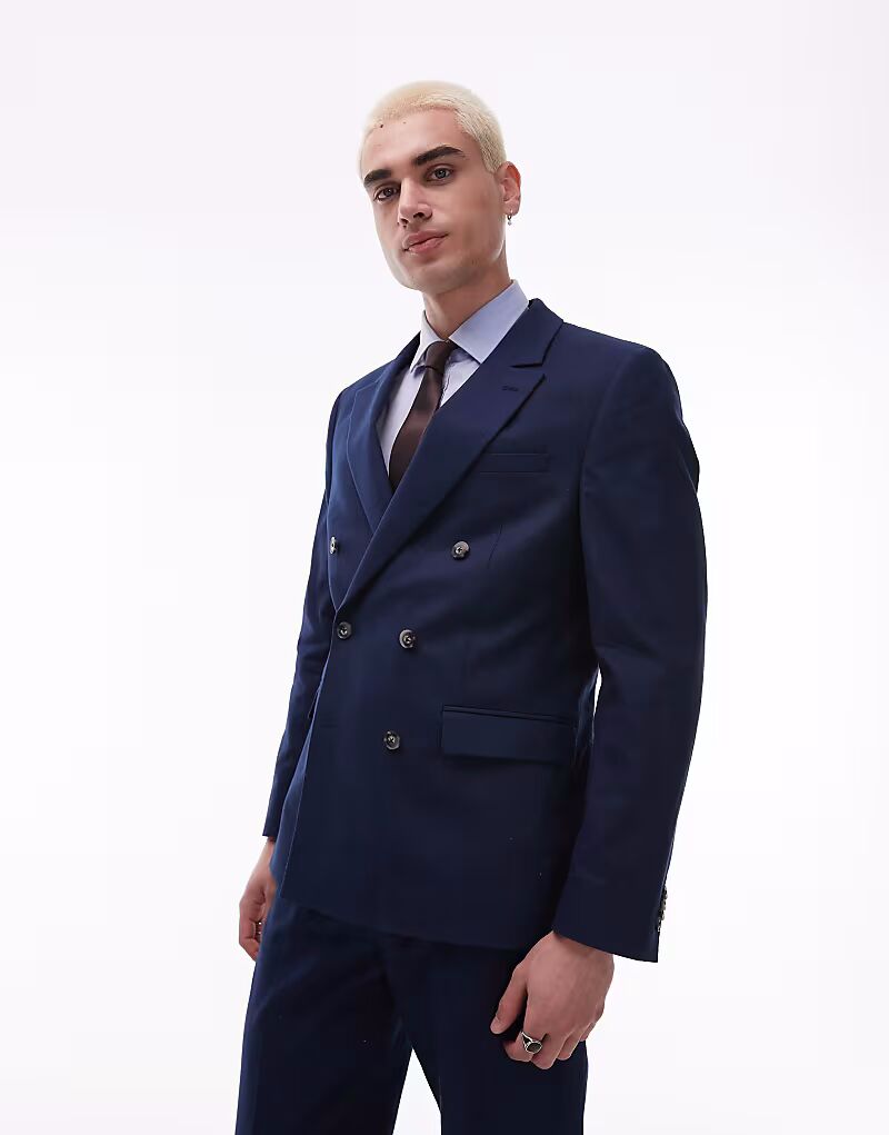 

Двубортный блейзер Topman из льняной смеси темно-синего цвета
