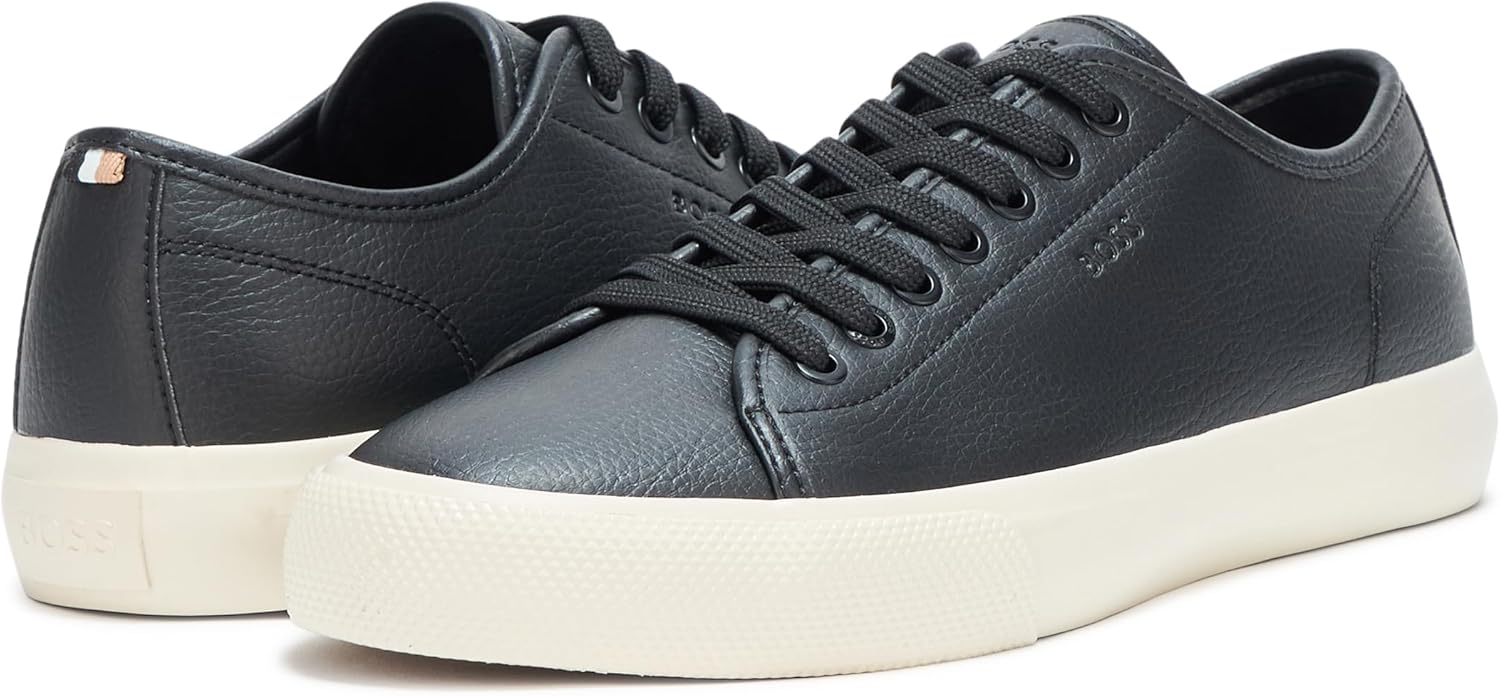 BOSS мужские кожаные кроссовки Aiden Logo Block низкие, Black Gloss — фото 3