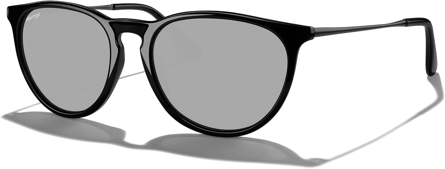 

Винтажные поляризованные солнцезащитные очки MERRY'S для женщин и мужчин, ретро-стиль, круглые зеркальные линзы, защита от ультрафиолета UV400, Black Frame/Silver Mirror Lens/Grey Legs