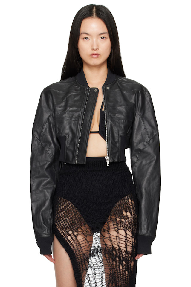 

Кожаная укороченная куртка-бомбер Hollywood с рельефными швами Rick Owens, черный