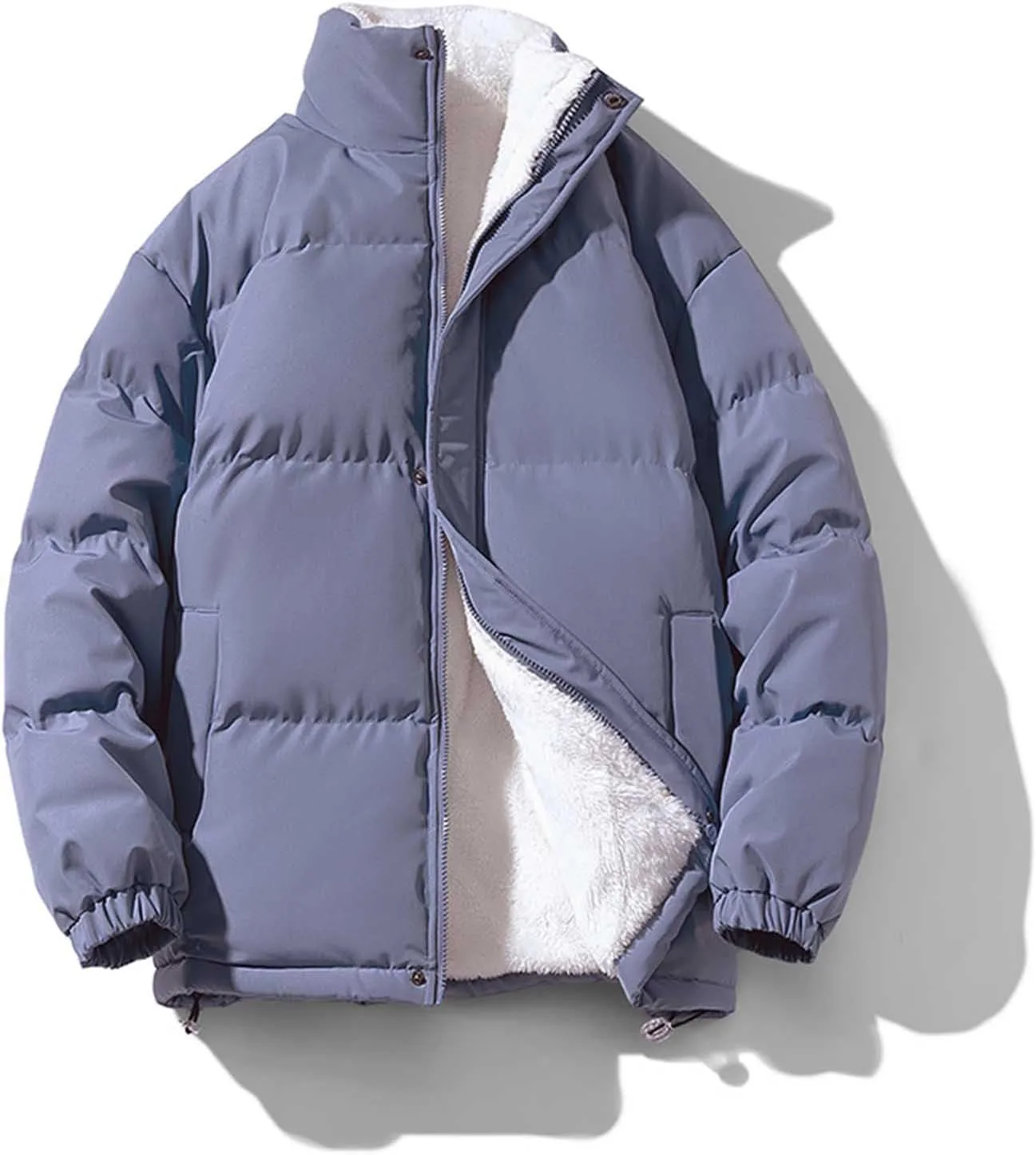 Мужская зимняя пуховая куртка на флисовой подкладке, ветрозащитная, теплая, на молнии, с воротником-стойкой, однотонная, из хлопка Generic, синий — фото 2