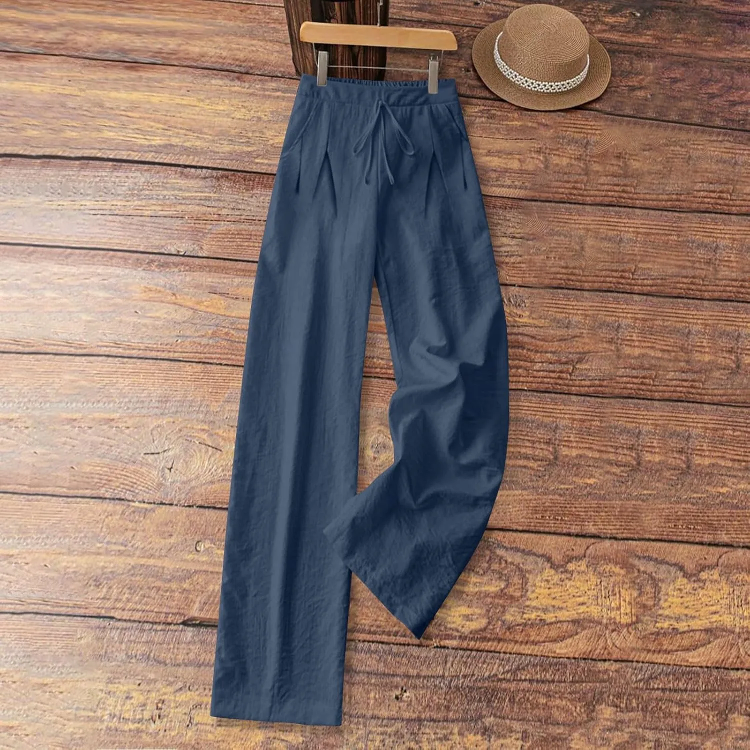 Льняные брюки Women 2026 Trendy Wide Leg с эластичной талией, гаучо Palazzo, повседневные свободные пляжные брюки для отпуска Generic, темно-синий — фото 3