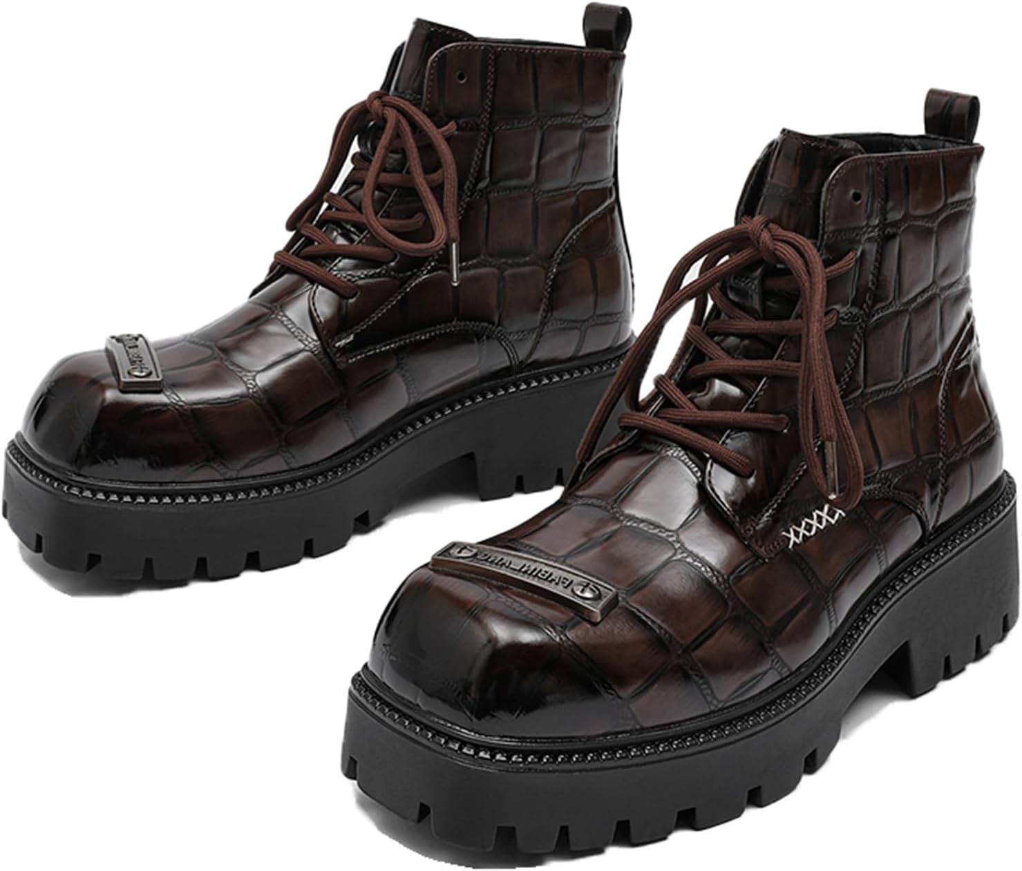 

Мужские кожаные ботинки OXNEUHG с платформой, принтом, носком с металлическим декором, шнуровкой, рифленой подошвой, массивным каблуком, на щиколотку. Подходят для деловых встреч, вождения, офиса, вечеринок- чукка-ботинки, коричневый