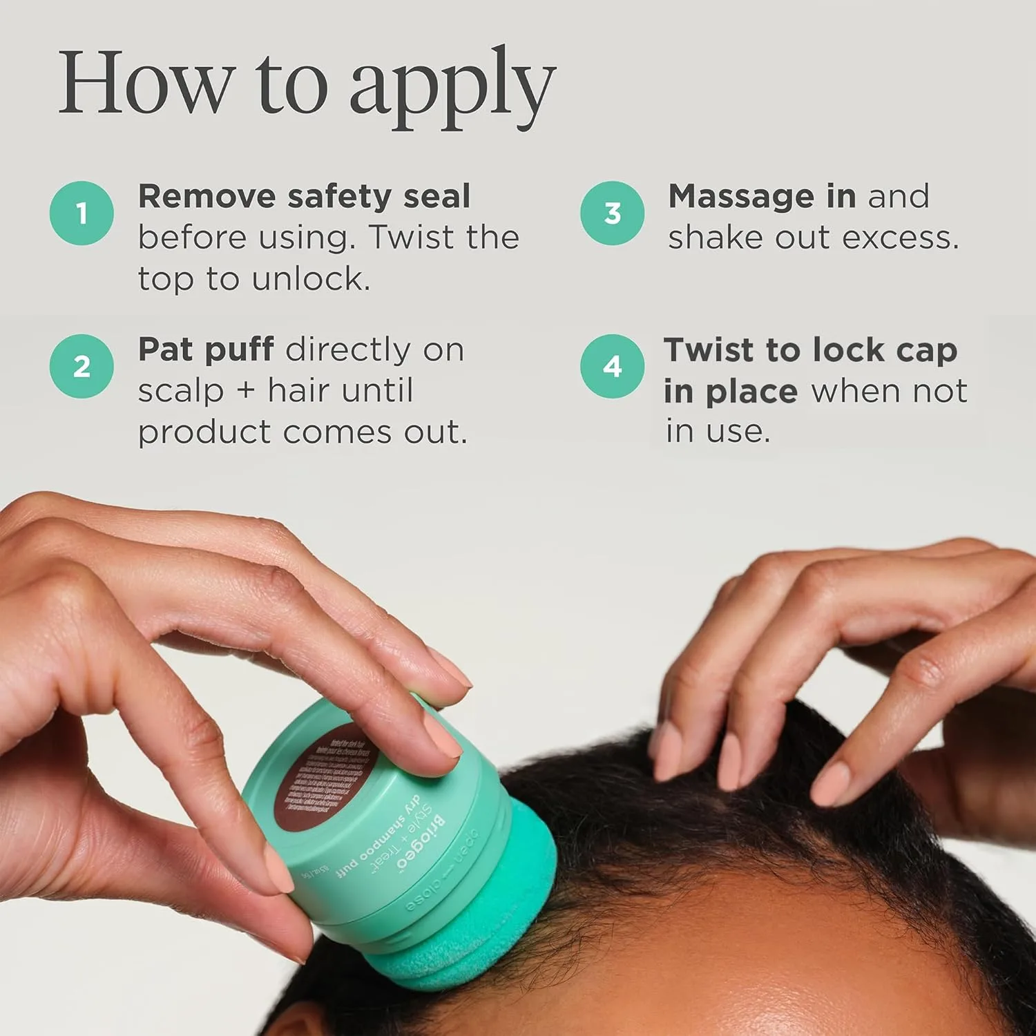 Briogeo Style + Treat Dry Shampoo Puff, безаэрозольный тальк-фри пудра для обновления корней и абсорбции масла, придает объем, веганский и cruelty-free, 14 г, Translucent — фото 4