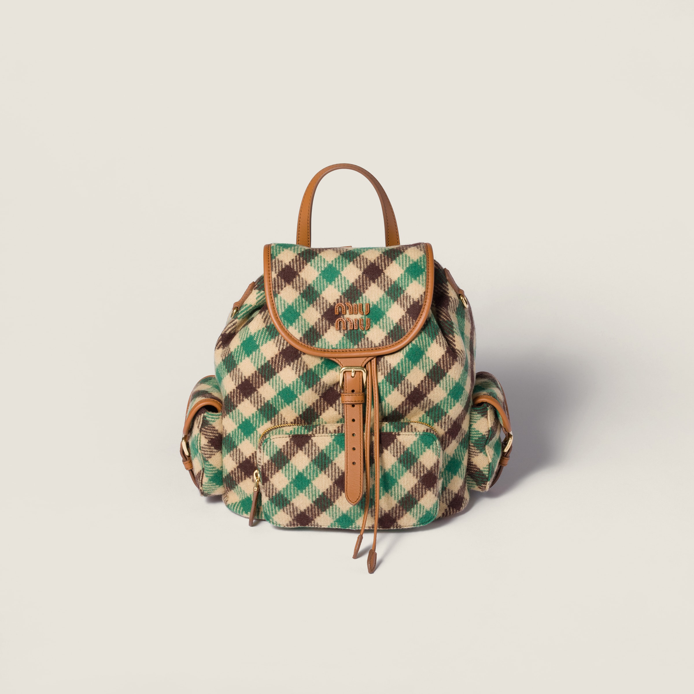 

Рюкзак из клетчатой ткани и кожи MIU MIU, зеленый