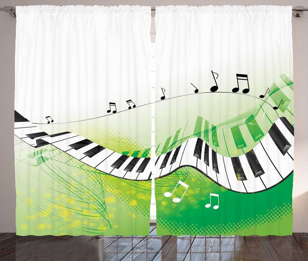 

ABAKUHAUS Music Занавеска в деревенском стиле, Piano Key Green Curvy, занавеска из ленты с рюшами для спальни с петлями и крючками, 280 x 175 см, салатовый, черный, белый, зеленый