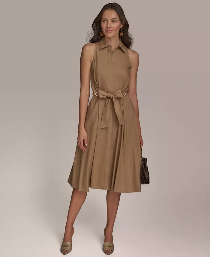 

Женское платье-рубашка из льна с поясом Donna Karan New York, коричневый/бежевый