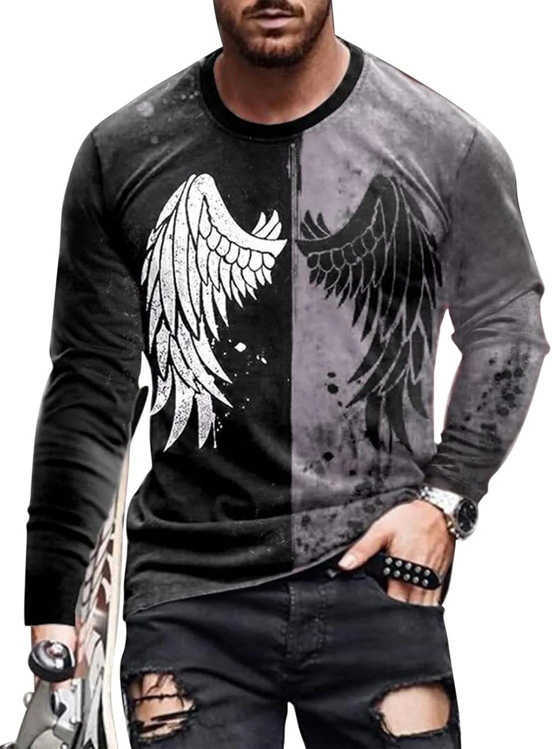 

Мужская футболка с длинным рукавом Color Block Wing Print для фитнеса и активного отдыха Yhong