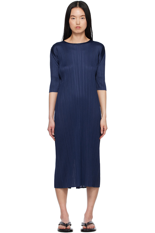 

Веселое биколорное платье миди Pleats Please Issey Miyake, синий