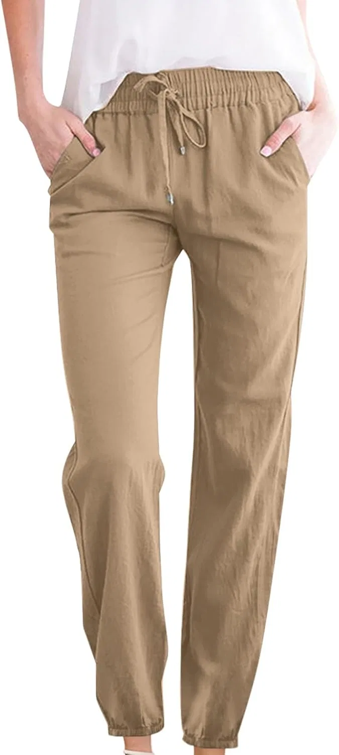 Женские широкие брюки с высокой талией, Cotton Linen, с карманами, A02_khaki