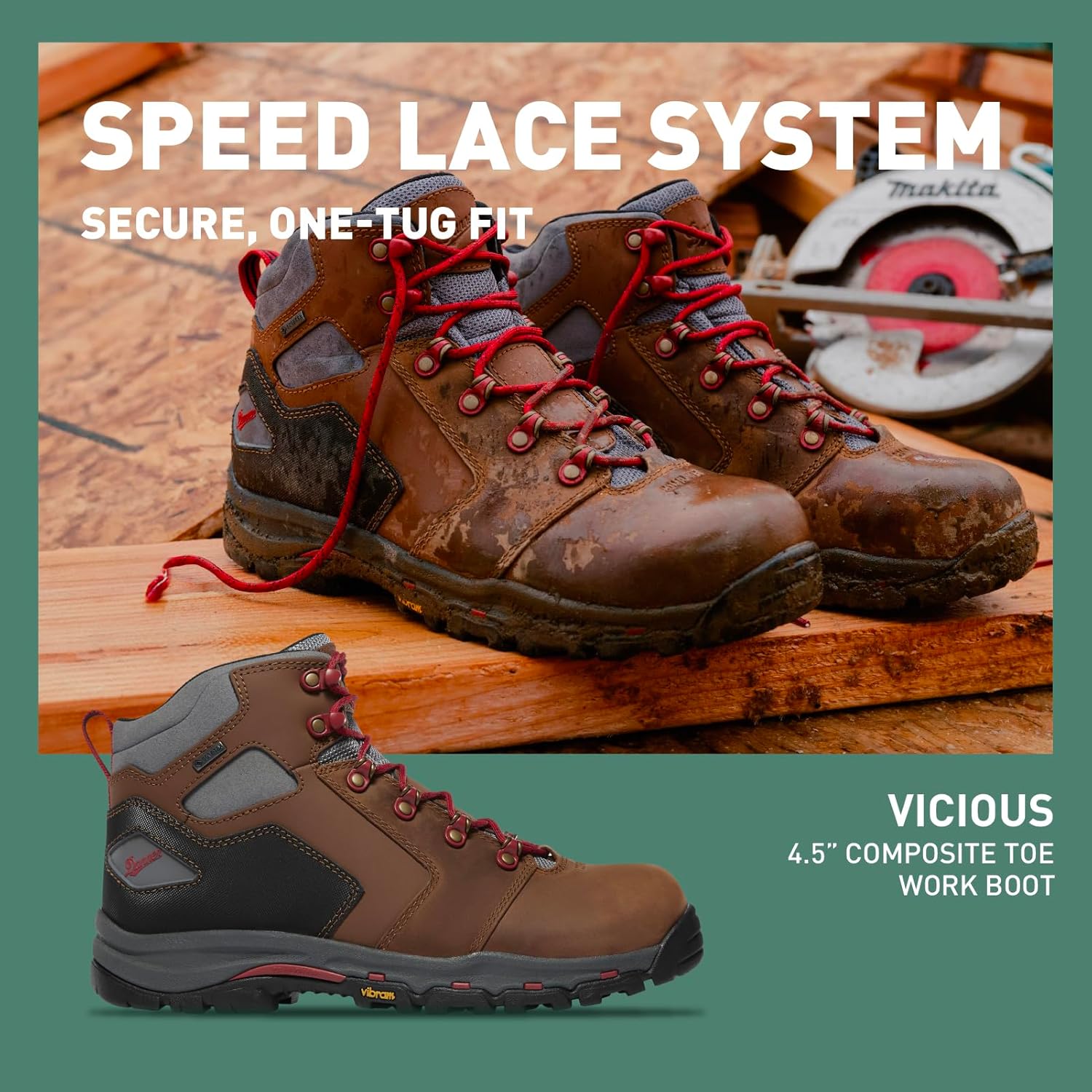 Ботинки Danner Vicious с композитным носком 4,5 для мужчин - из кожи полного зерна с дышащей подкладкой Gore-Tex, системой быстрого шнурования и подошвой с нескользящей пяткой, красный/коричневый — фото 2