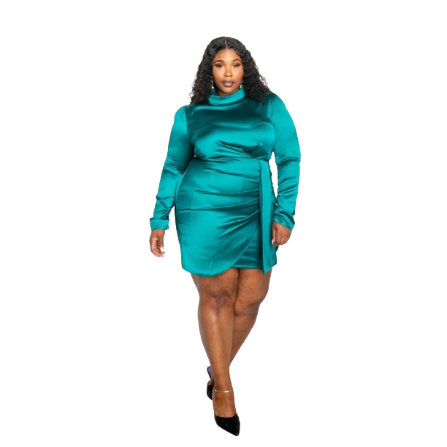 

Атласное мини-платье с воротником-стойкой и оборками FASHNZFAB, цвет teal