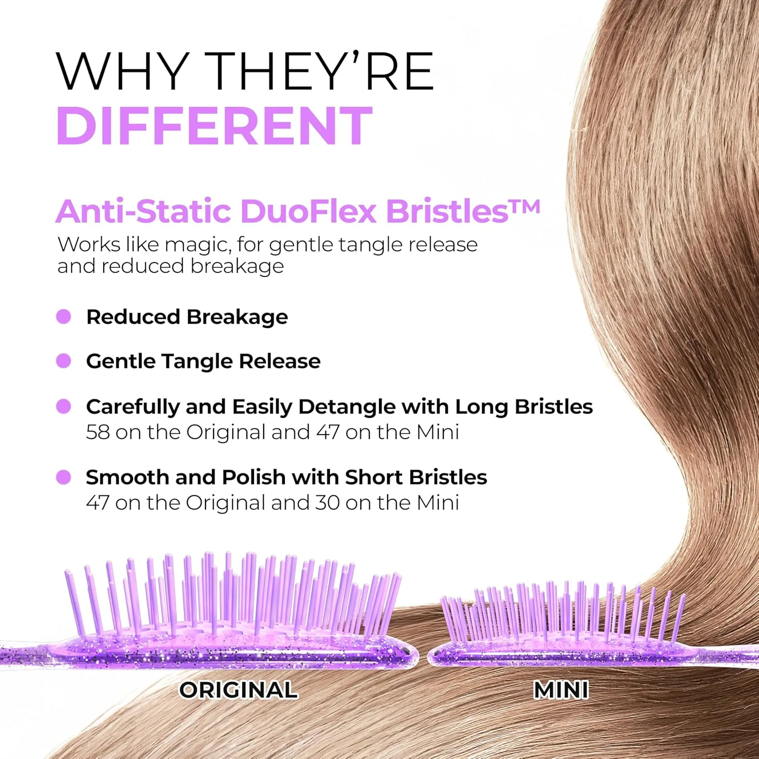 FHI Heat UNbrush Detangling Brush Combo Pack - оригинальная и мини UNbrush для всех типов волос, мокрых и сухих - DuoFlex антистатическая щетка, вентилируемая расческа для безболезненного укладки, Amethyst Lavender — фото 2
