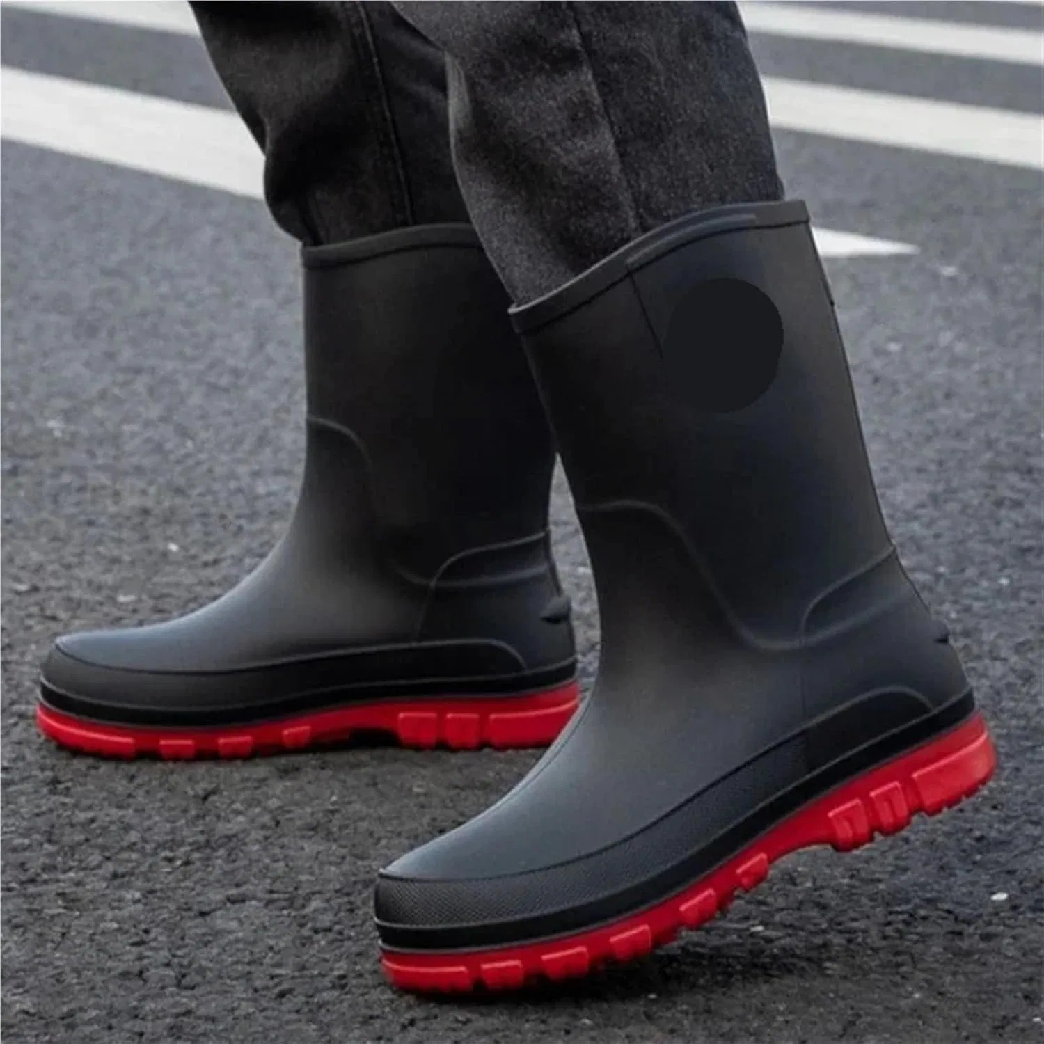 Ботинки Verschleißfeste Herrenschuhe, rutschfest, bequem, wasserdicht, Regenstiefel for Herren ohne Schnürung, Gummistiefel for Gartenarbeit Für Industrie Handwerk ZIHDKE, Black Red (Plush) — фото 2