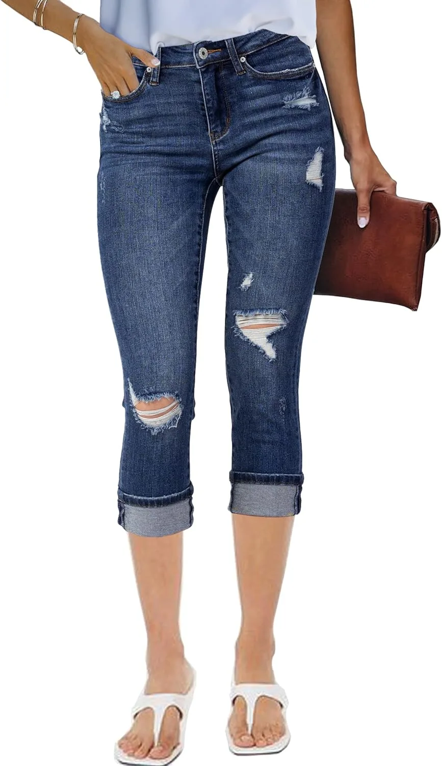 

Женские джинсы Capri Stretch High Waisted с потертостями luvamia
