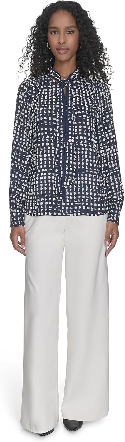 Женская шифоновая блузка Calvin Klein с длинными рукавами и завязкой на шее, Navy/Cream — фото 2
