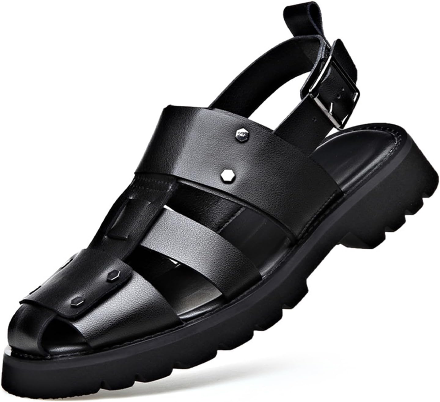 

Мужские черные мягкие кожаные сандалии на платформе с регулируемой пряжкой, закрытым носком, массивным каблуком, повседневные сандалии для ходьбы, летние нескользящие сандалии типа «рыбак» Bnwelk