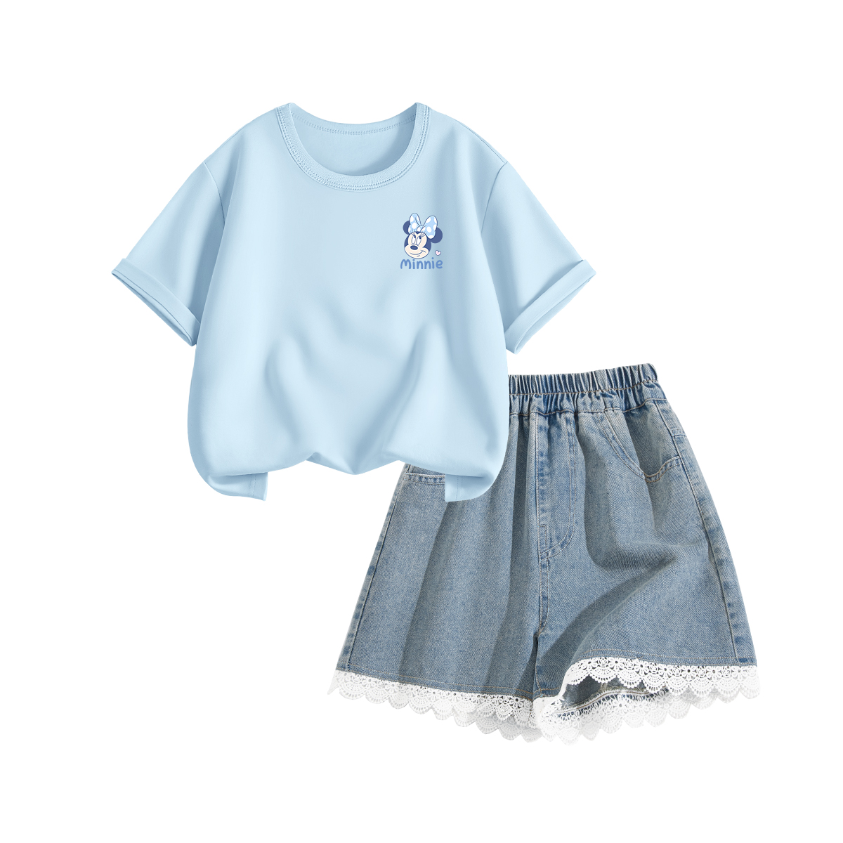 

Детская повседневная спортивная одежда с круглым вырезом, тонкая футболка Disney, di l cute nini k sky синий+solid color lake синий