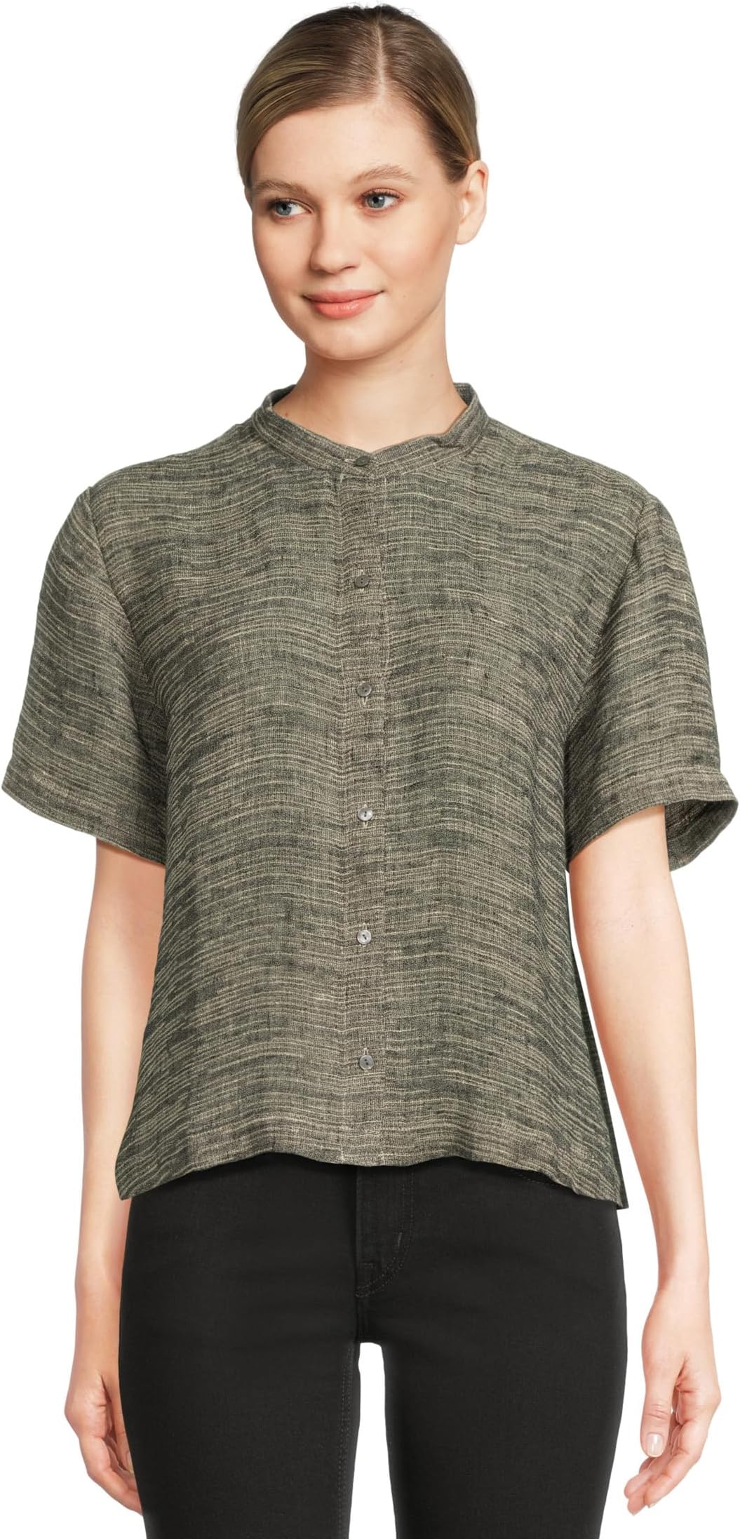 

Рубашка Eileen Fisher Mandarin Collar Short Sleeve Shirt, цвет Black Natural