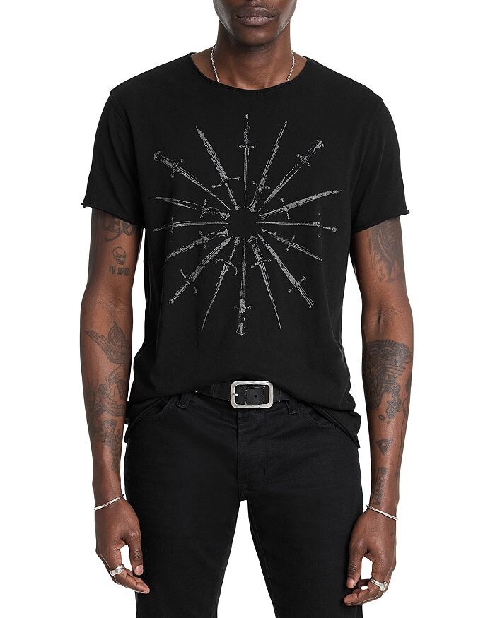 

Хлопковая футболка John Varvatos с круглым рисунком Daggers с необработанными краями, черный
