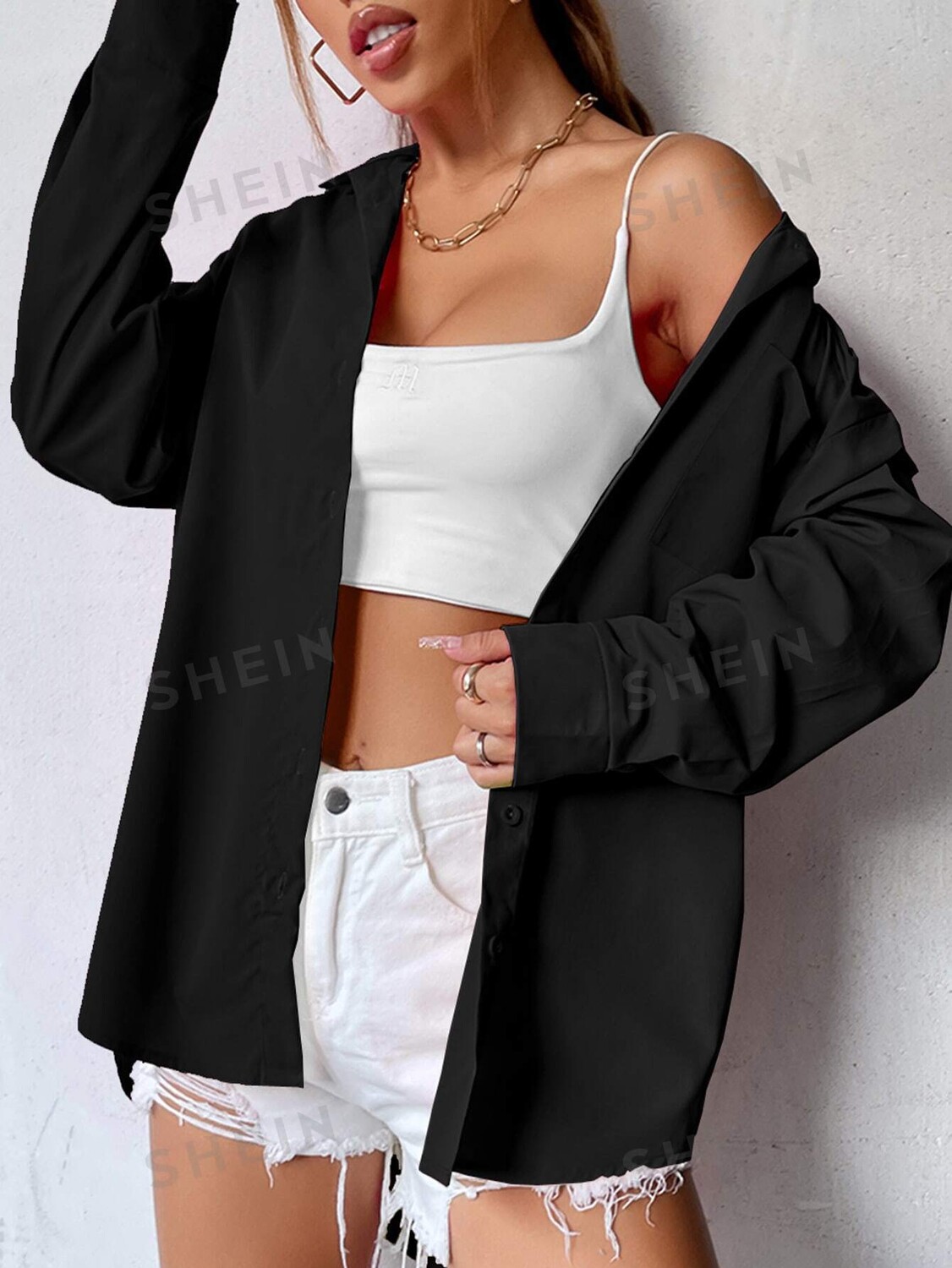 

Рубашка EZwear с закругленным краем и заниженной линией плеча Shein, черный