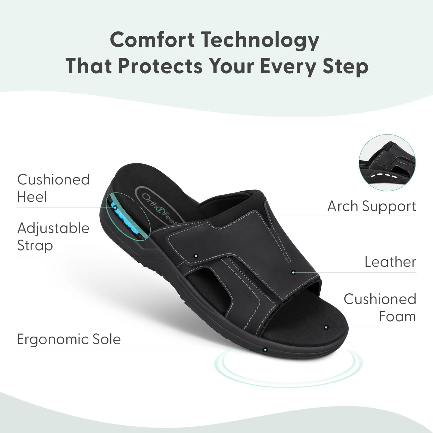 Мужские ортопедические кожаные шлепанцы Orthofeet Sarasota, черный — фото 3