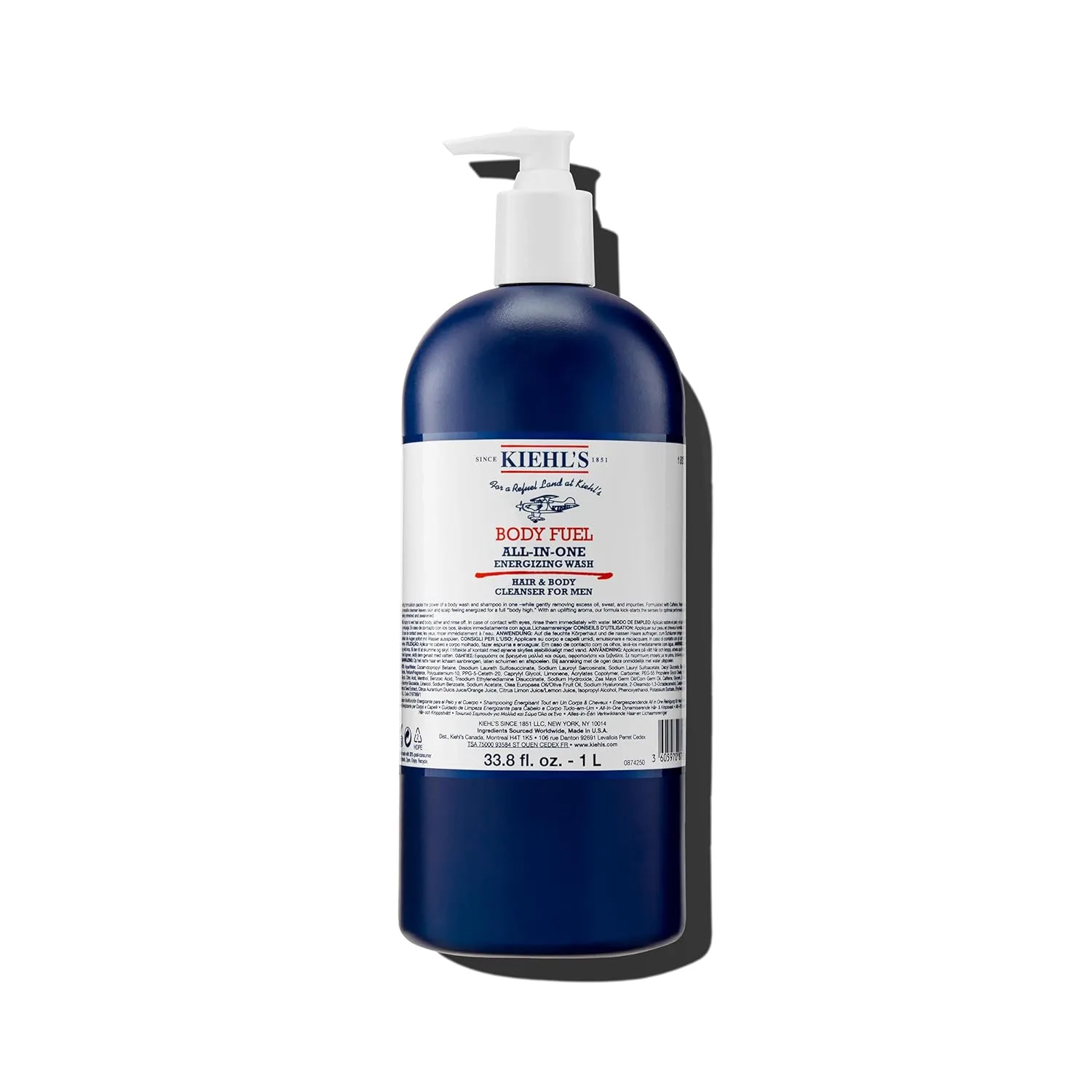 Kiehl's Body Fuel All-in-One Energizing Body Wash & Shampoo для мужчин, с ментолом, кофеином, витамином E и C, мягко удаляет излишки жира, пота и загрязнений 1000 мл / 1 литр, Body Fuel All-in-One Wash