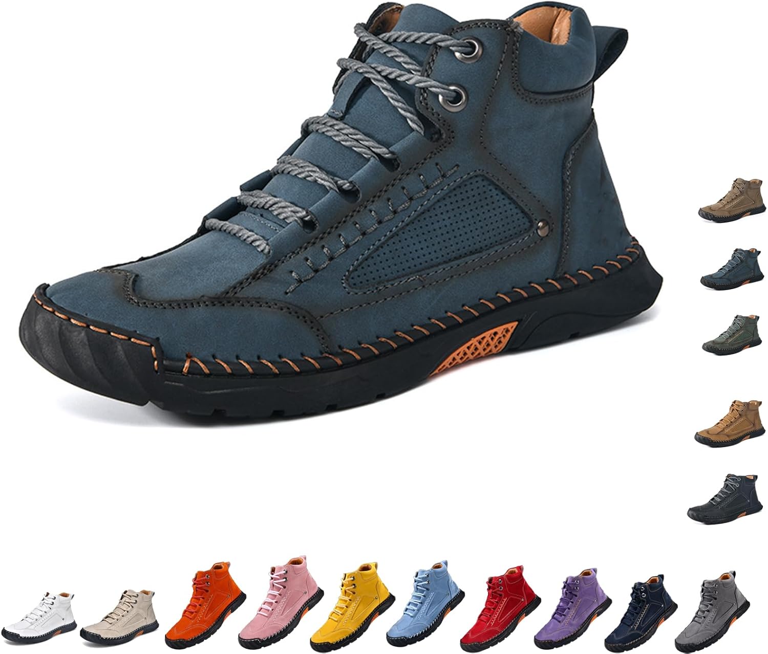 

Мужские широкие кожаные ботинки Комфортные ручной работы походные ботинки с поддержкой свода стопы, водонепроницаемые ботинки с просторным носком Generic, темно-синий