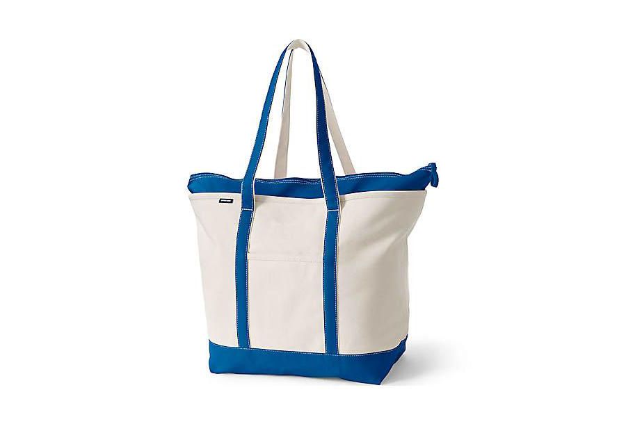 

Очень большая холщовая сумка-тоут с пятью карманами, застежкой-молнией и длинными ручками Lands' End, Natural/beacon blue