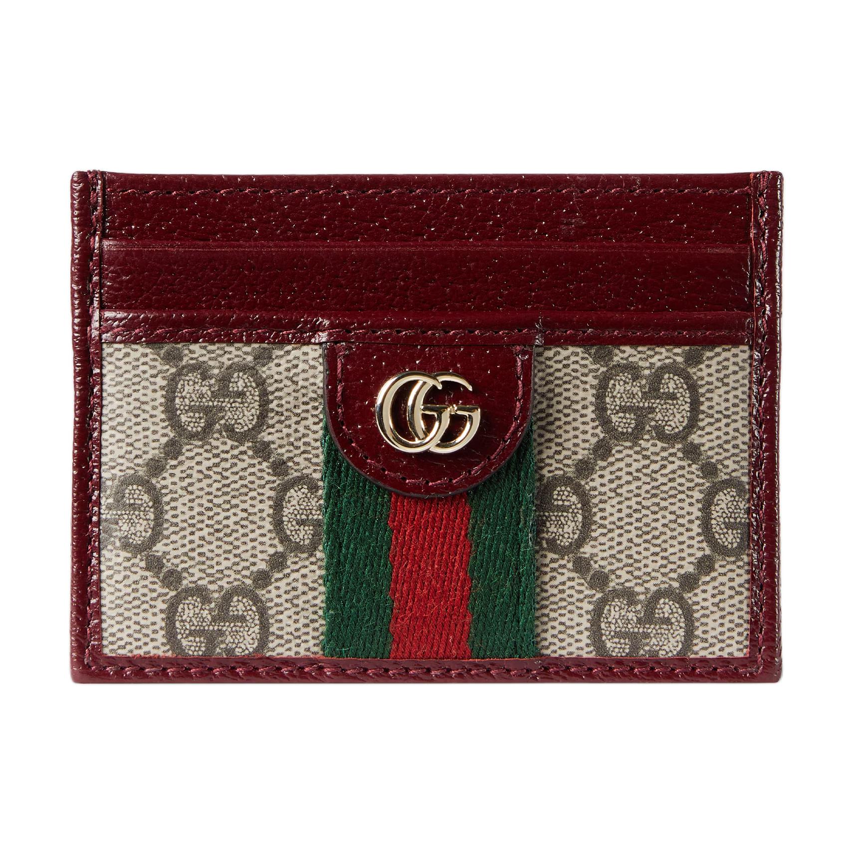 

GUCCI Кожаный картхолдер Ophidia из панельной ткани в бежево-коричневом цвете для женщин