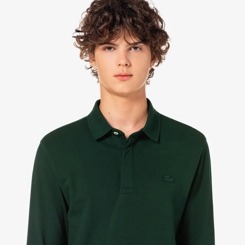 Мужская длинная футболка-поло Paris глубокого зелёного цвета от Lacoste — фото 2