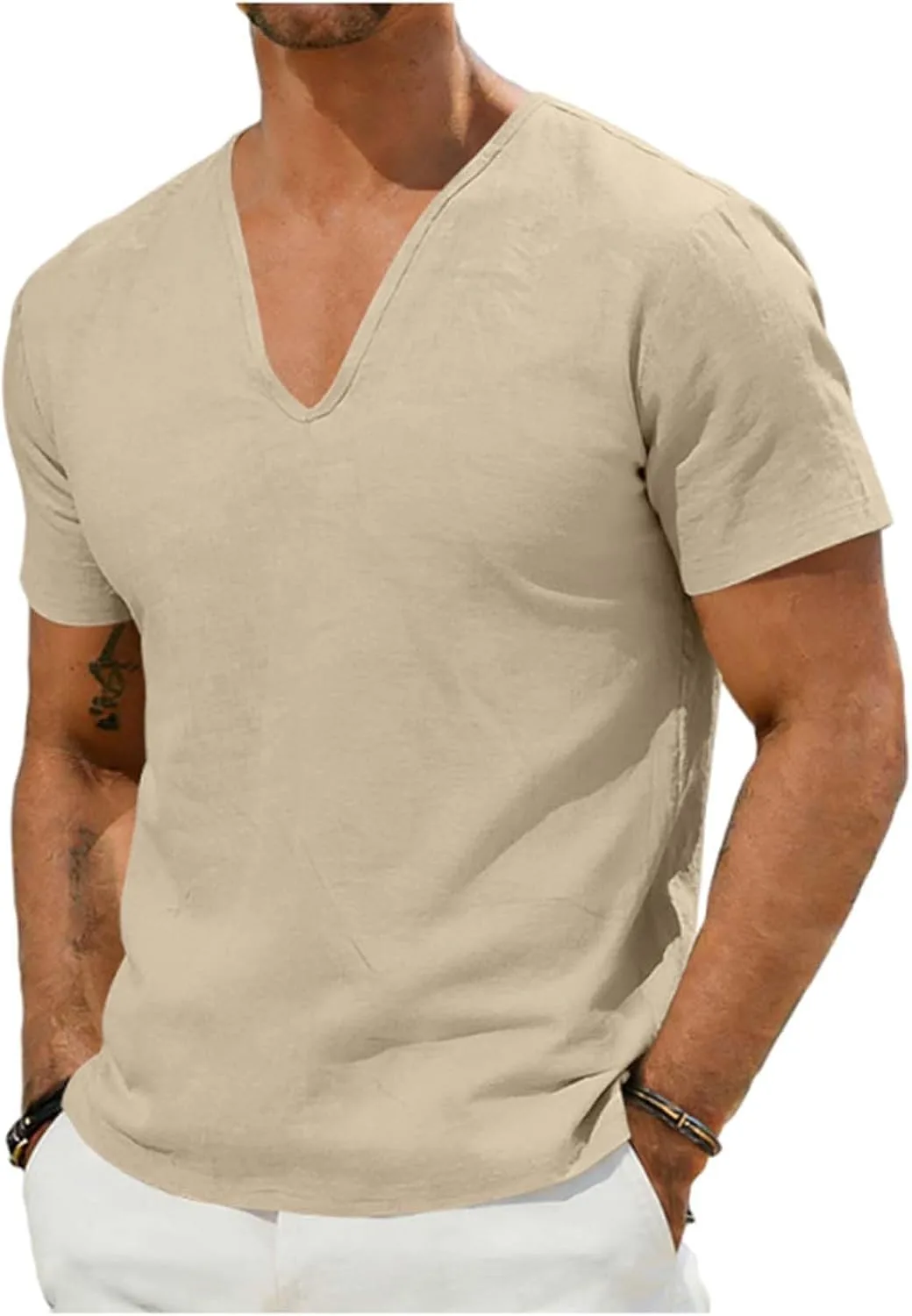 

Мужская льняная рубашка с глубоким V-вырезом, короткий рукав, летняя Xiaojmake