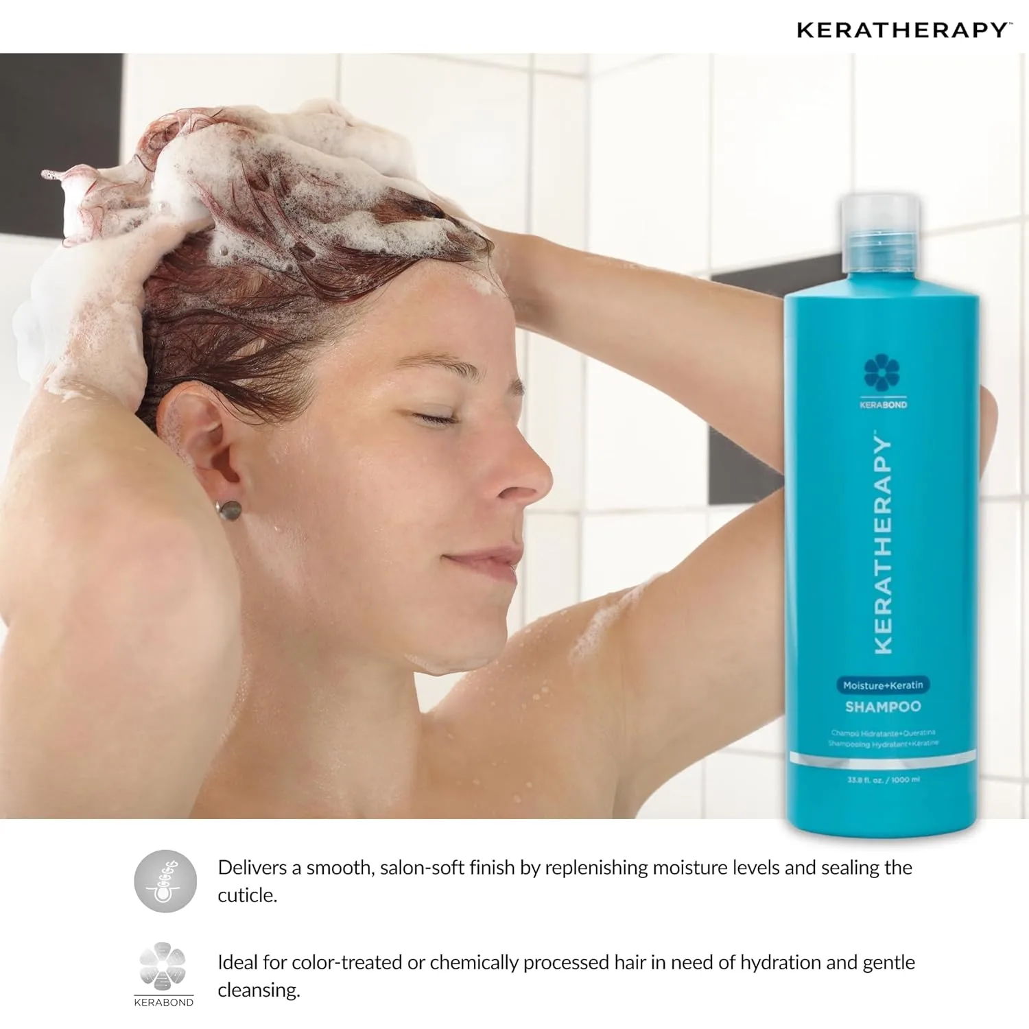 KERATHERAPY Keratin Infused Moisture Shampoo, 1000 мл - увлажняющий шампунь против пушистости для жирных корней и сухих кончиков с Kerabond Technology, алоэ вера и ивовой корой, без сульфатов и парабенов — фото 4