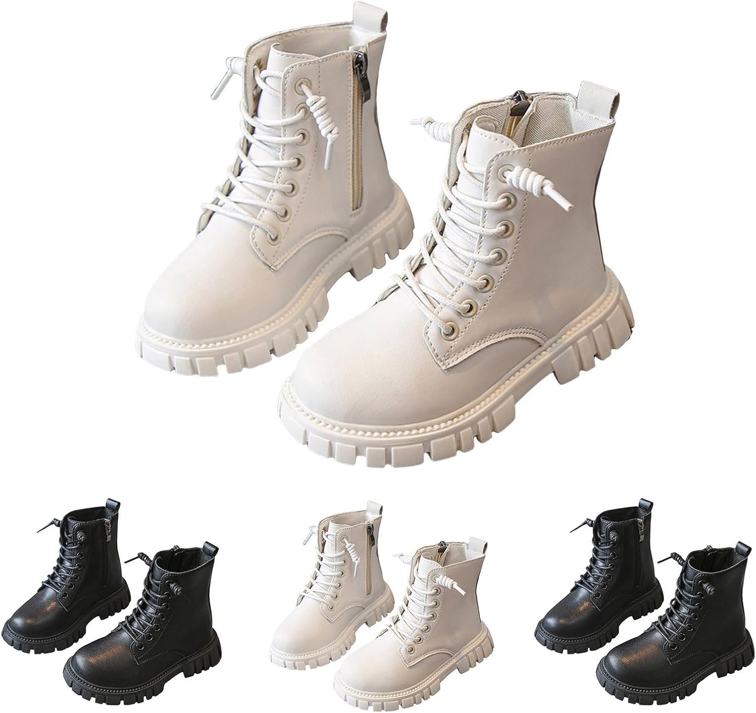 

Детские ботинки для девочек однотонные, до щиколотки, осенне-зимние модные, с боковой молнией, на шнуровке, военные, модные ботинки Челси, водонепроницаемые из искусственной кожи, панк-готик, средние по голени, для детей 4-12 лет Generic, White