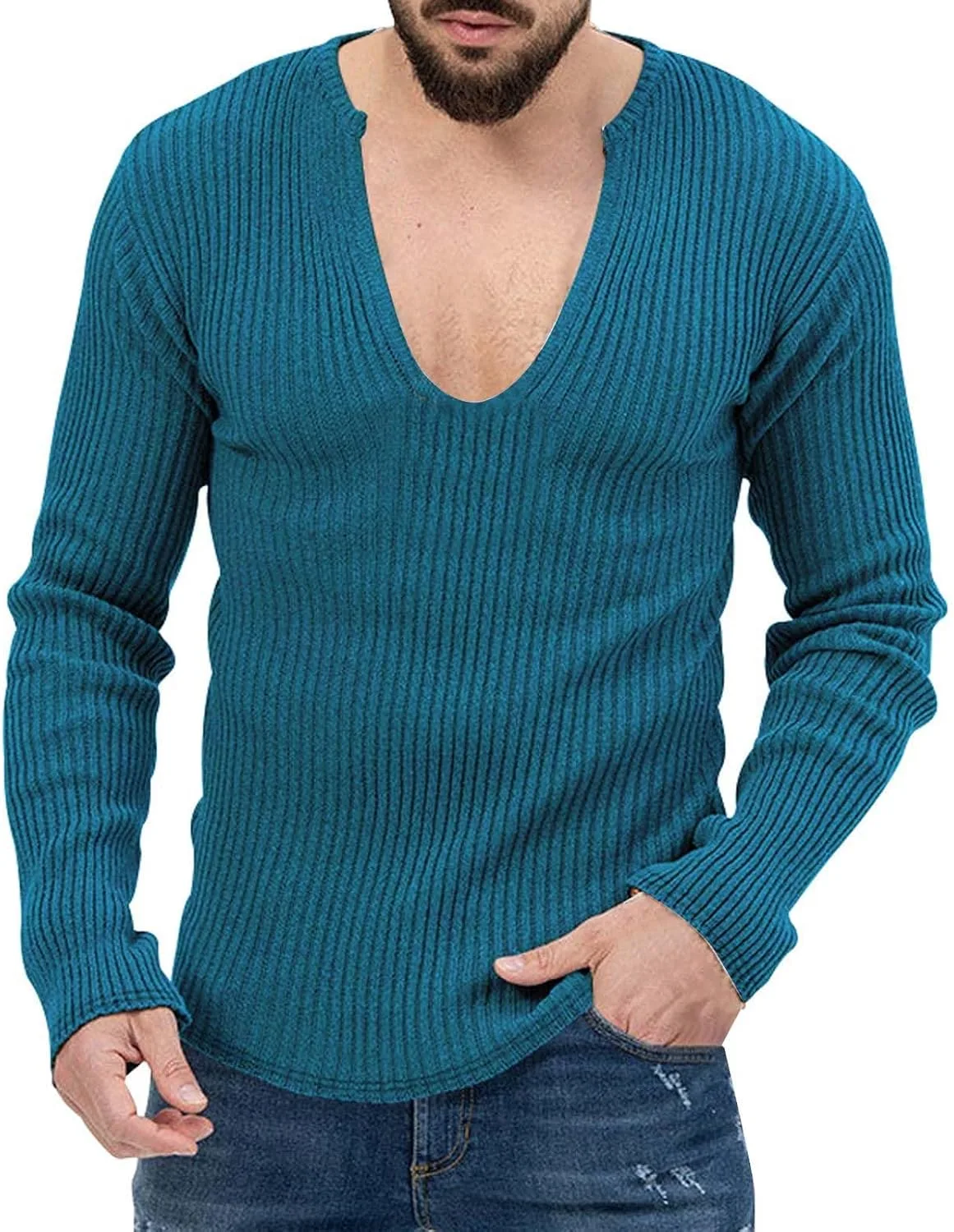 

Мужской свитер Buddhi с глубоким V-образным вырезом, рифленый, приталенный