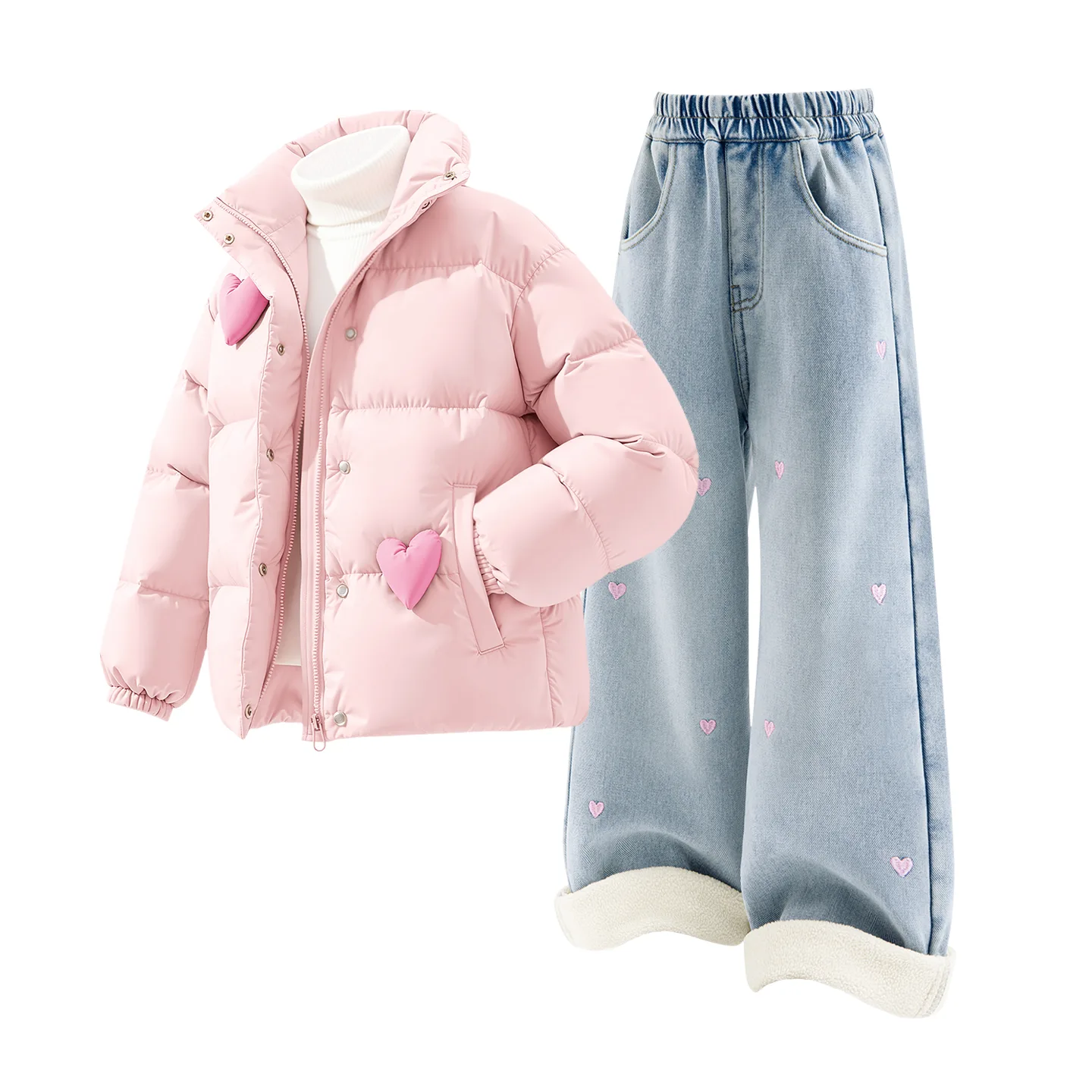Детская спортивная одежда с воротником стойкой на флисе Disney, [Thickened and Fleece-Lined]Solid Color Red+Solid Color Denim Light Blue — фото 3