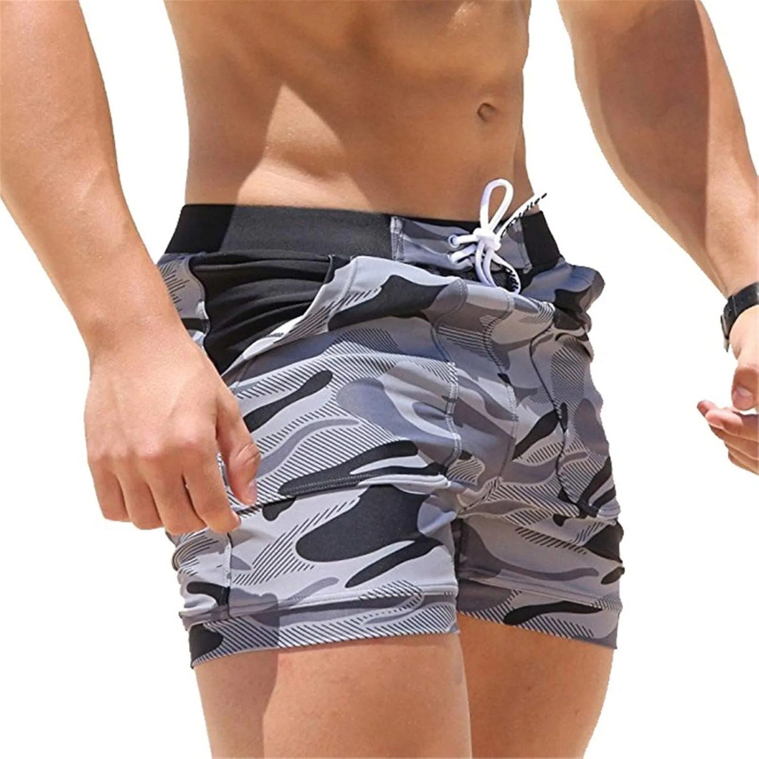 Мужские базовые плавки Andongnywell Swimwear, шорты для серфинга с камуфляжным рисунком, плавки-шорты с карманами Generic, серый — фото 2