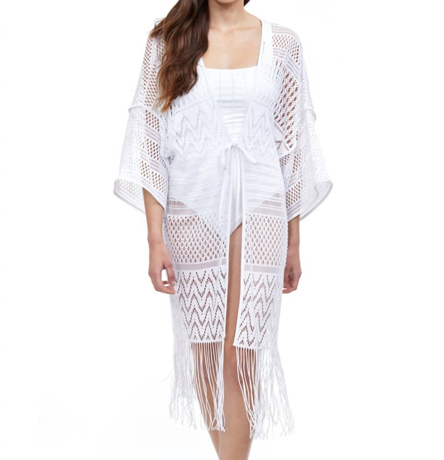 

Profile by Gottex Вязаное крючком платье-накидка с V-образным вырезом спереди, цвет «Тутти Фрутти» (белый)