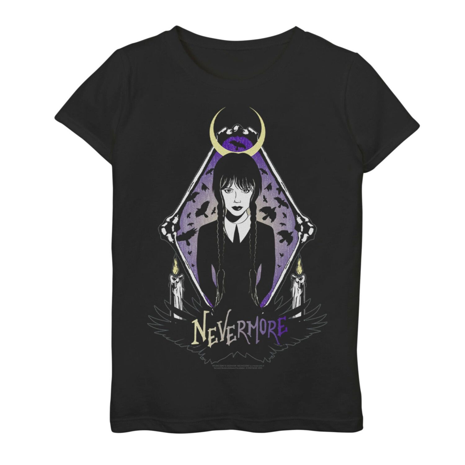 

Футболка Wednesday Adams Nevermore Moon Ravens And Candles для девочек 7–16 лет с рисунком Licensed Character