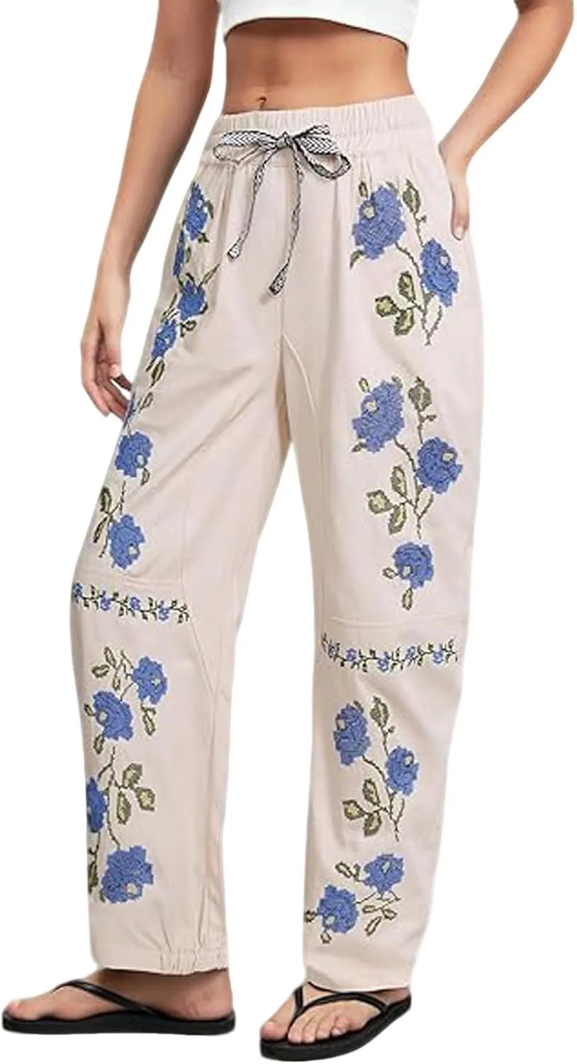 

Женские брюки Loveimgs Vintage Embroidery Wide Leg с вышивкой и эластичным поясом