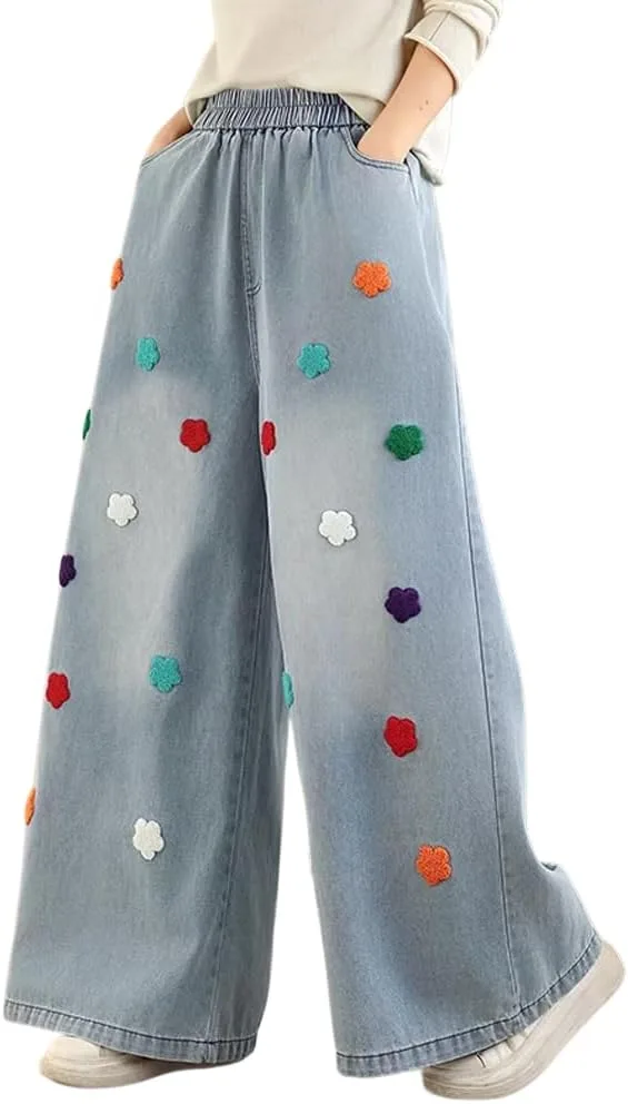 

Женские джинсы палаццо с цветочной вышивкой и эластичным поясом XYGJZ