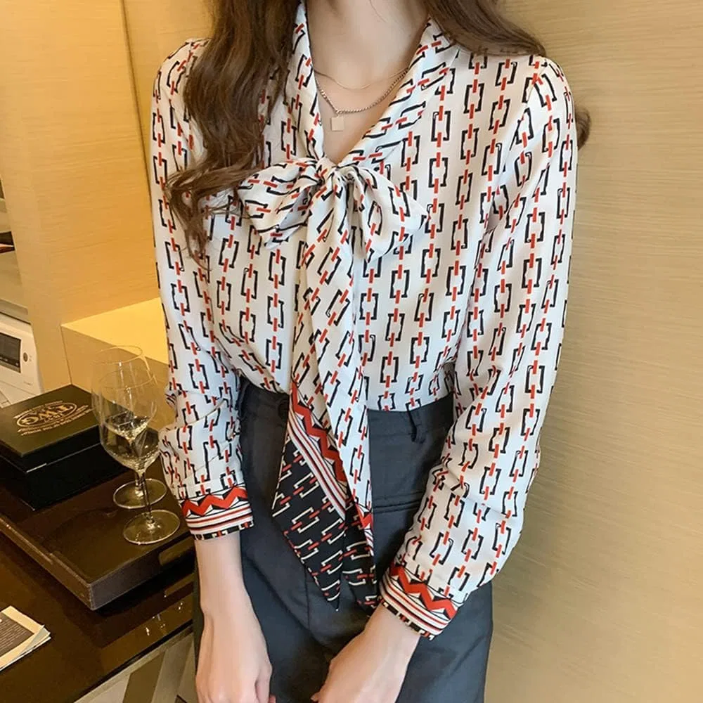 Блуза с цветочным принтом и бантом, Bowtie Blouse, белый — фото 2