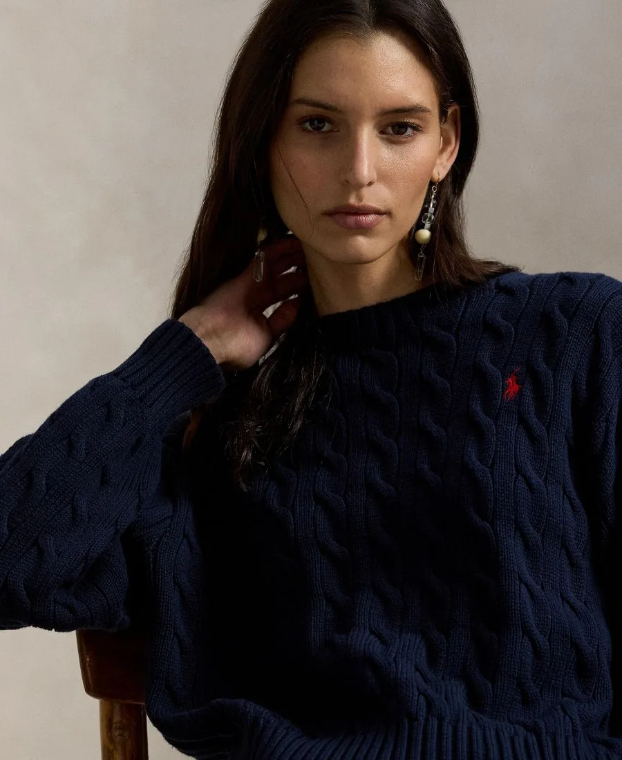 Женский хлопковый свитер крупной вязки с круглым вырезом Polo Ralph Lauren, hunter темно-синий — фото 4
