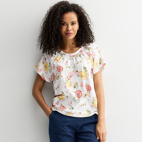 

Женская блузка с коротким рукавом и сборками Croft & Barrow, White Melody Floral