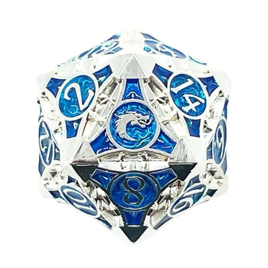 

40мм d20 - Серебристый с синим, Metal Dice - Gnome Forged