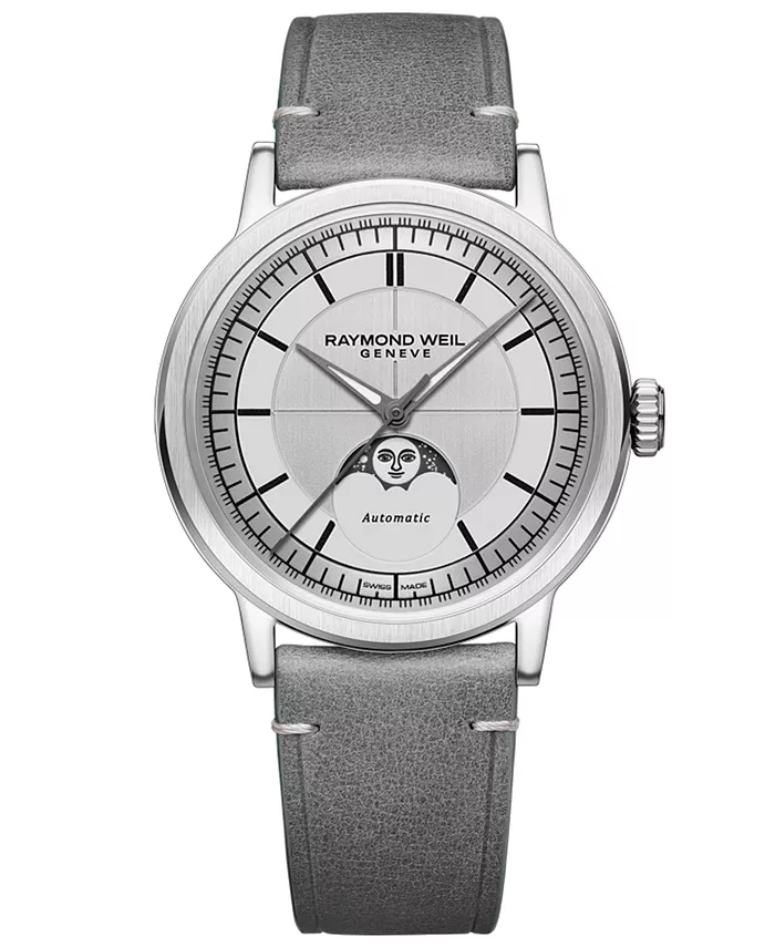 

Мужские швейцарские автоматические часы Millesime Moon Phase с серым кожаным ремешком, 40 мм Raymond Weil